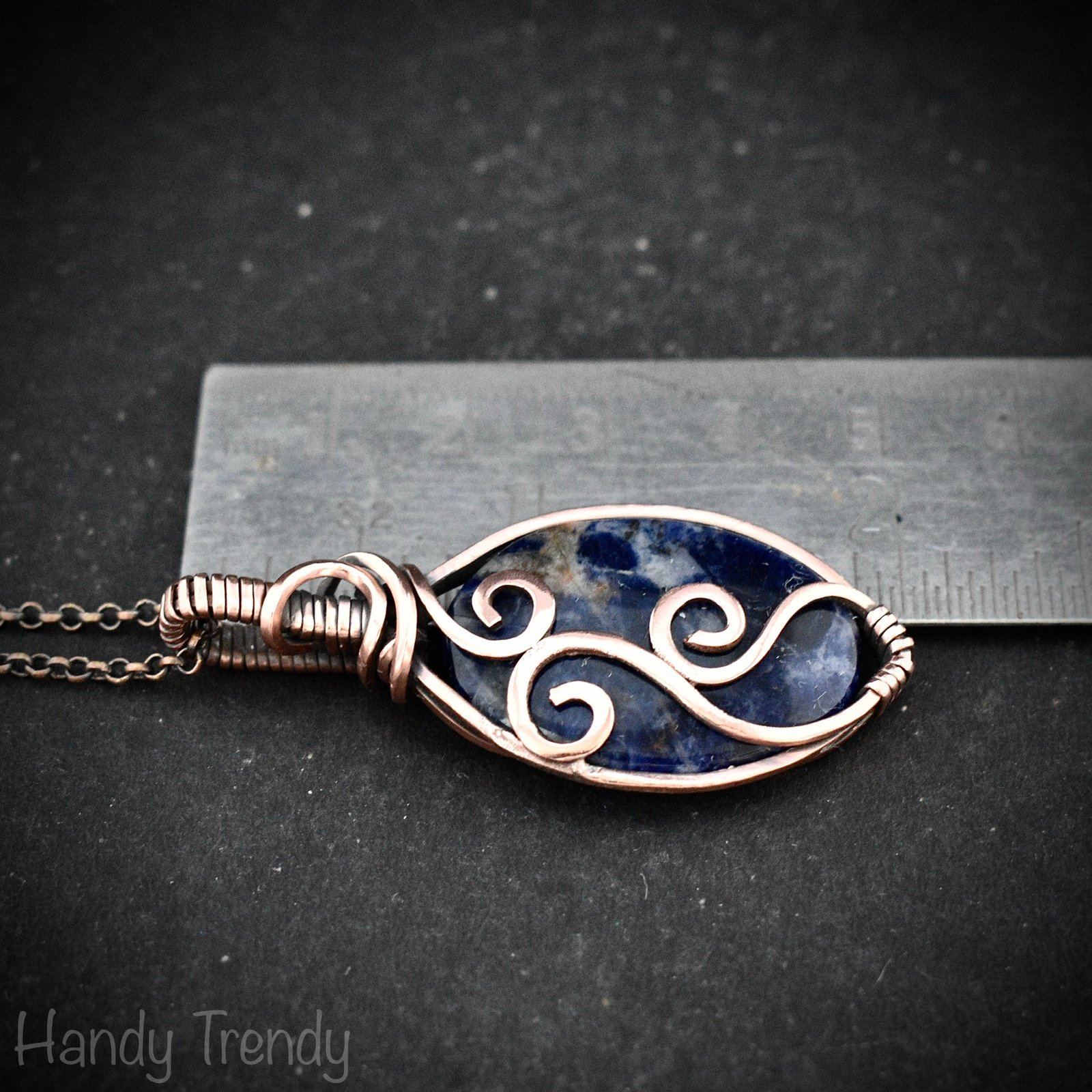 Sodalite pendant, Copper wire wrap jewelry, Unique handmade gift, Artisan necklace, One of a kind piece, Blue curly necklace