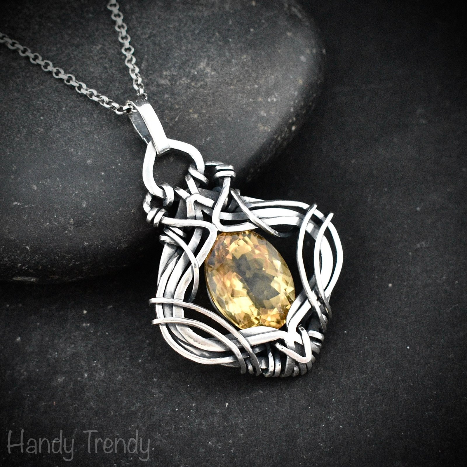 Yellow citrine free flow pendant, 925 sterling silver Wire wrapped necklace, Unique handmade gift, Artisan jewelry, One of a kind design