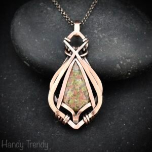 Unakite pendant, Free flow copper wire wrapped necklace, Unique handmade gift, One of a kind jewelry, Artisan boho jewelry