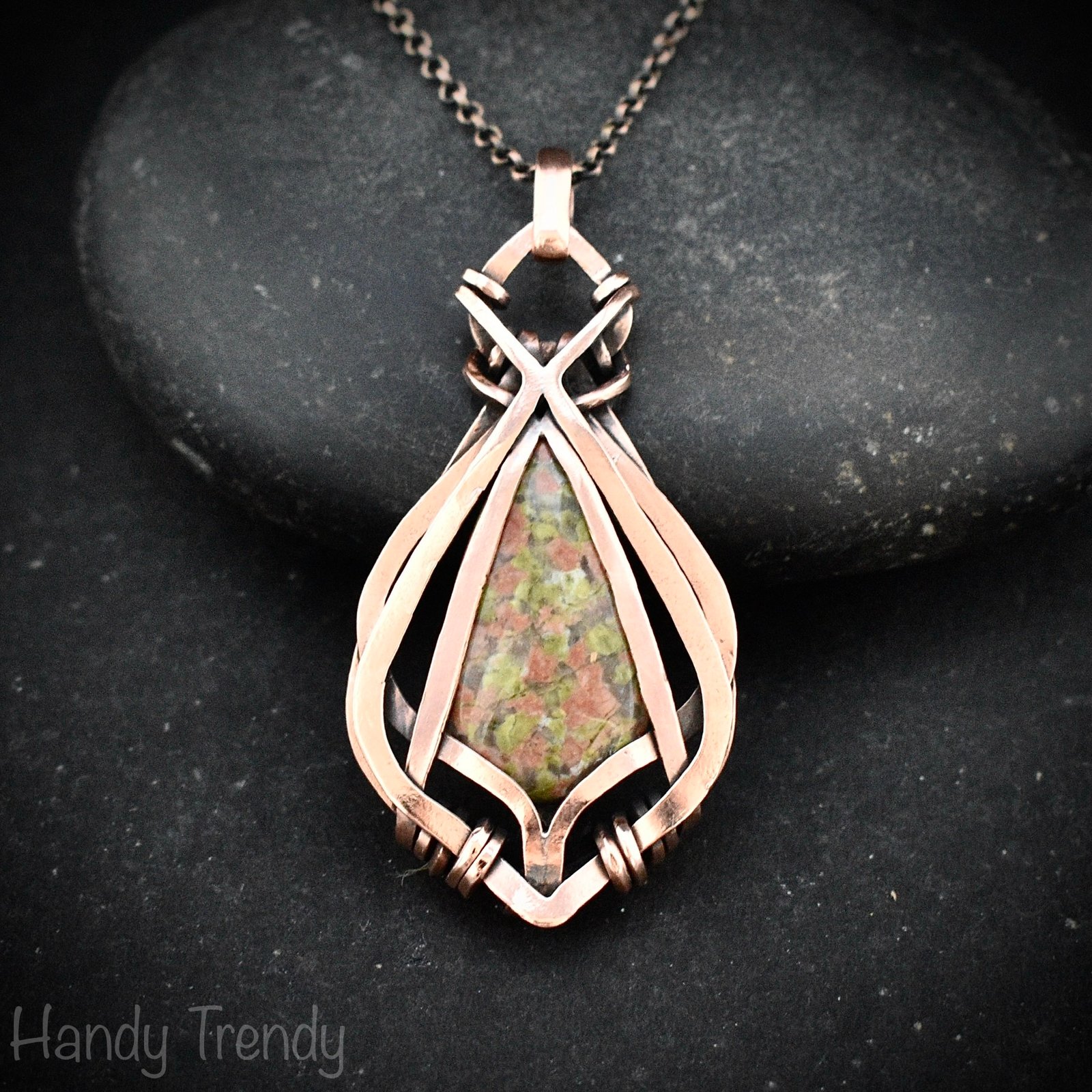 Unakite pendant, Free flow copper wire wrapped necklace, Unique handmade gift, One of a kind jewelry, Artisan boho jewelry