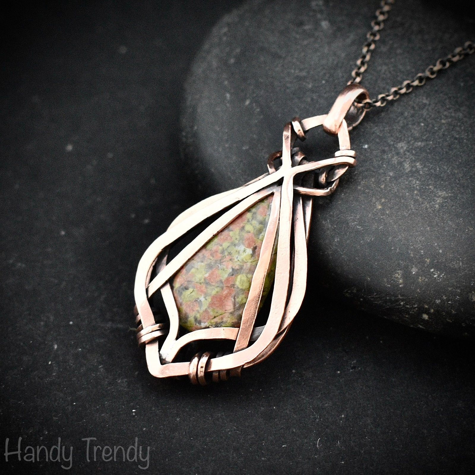 Unakite pendant, Free flow copper wire wrapped necklace, Unique handmade gift, One of a kind jewelry, Artisan boho jewelry