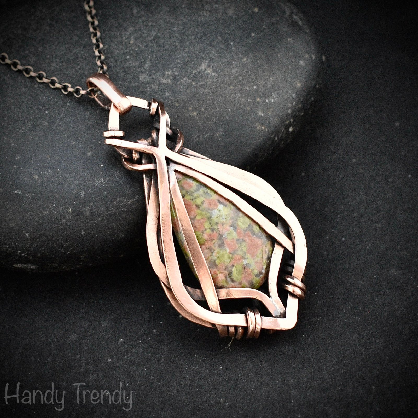 Unakite pendant, Free flow copper wire wrapped necklace, Unique handmade gift, One of a kind jewelry, Artisan boho jewelry