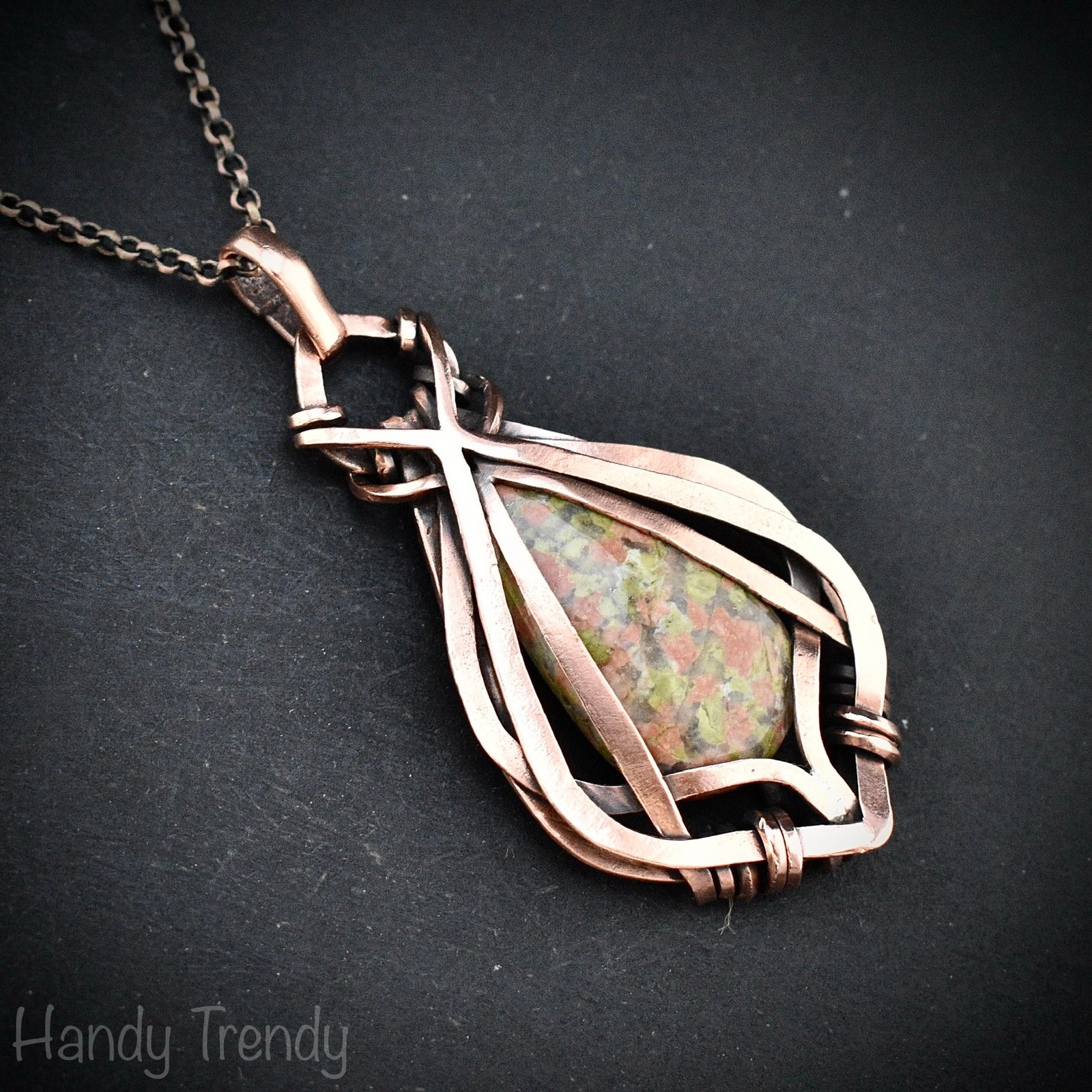 Unakite pendant, Free flow copper wire wrapped necklace, Unique handmade gift, One of a kind jewelry, Artisan boho jewelry