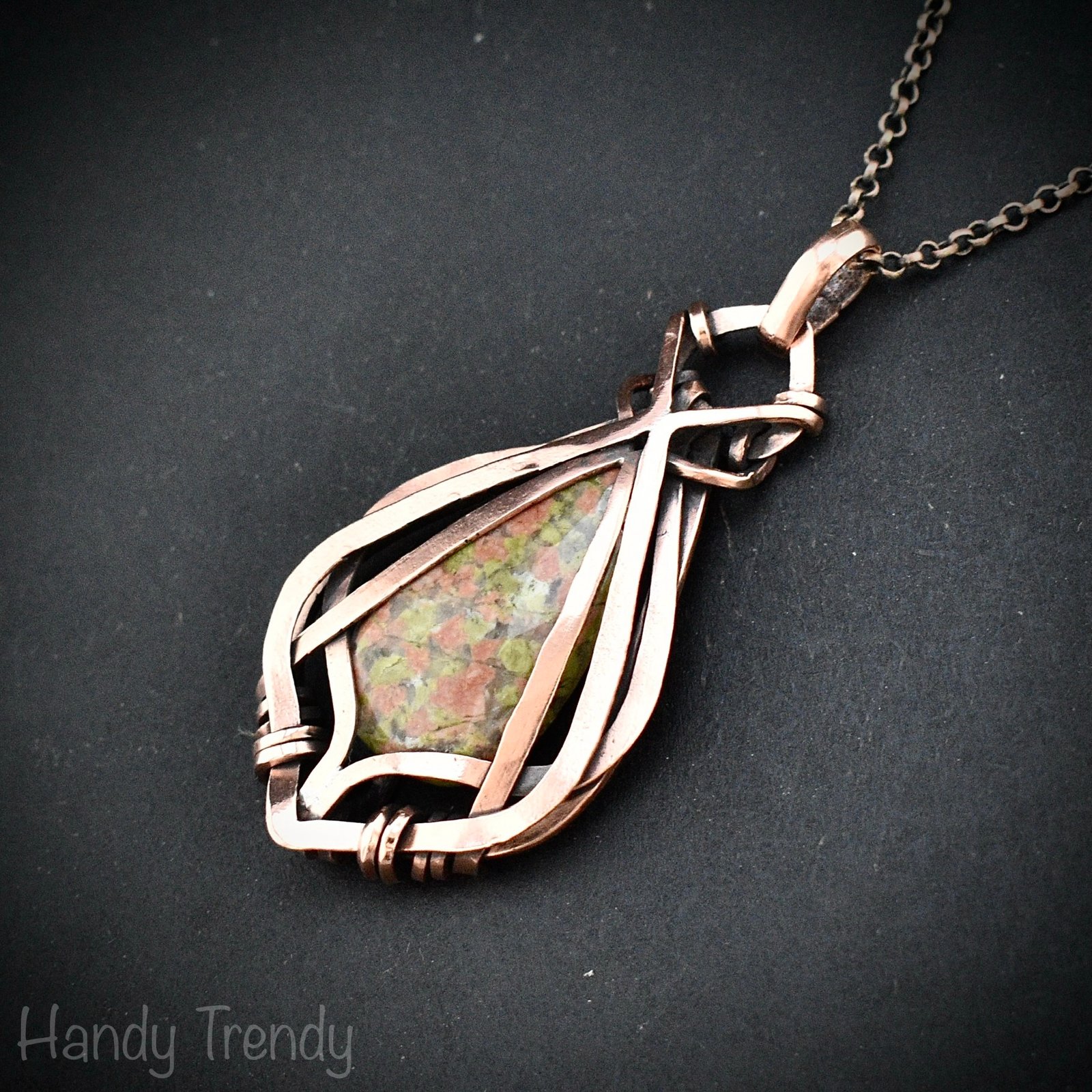 Unakite pendant, Free flow copper wire wrapped necklace, Unique handmade gift, One of a kind jewelry, Artisan boho jewelry