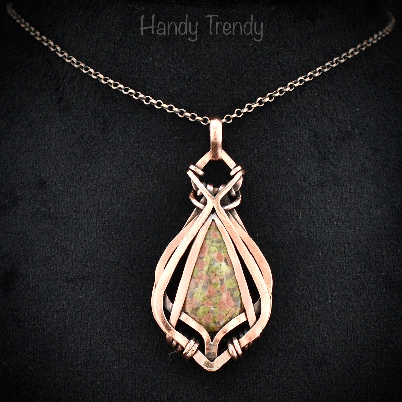 Unakite pendant, Free flow copper wire wrapped necklace, Unique handmade gift, One of a kind jewelry, Artisan boho jewelry