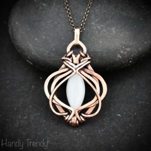 White moonstone pendant, Free-Flow copper wire wrapped necklace, Unique handmade gift, One of a kind artisan boho jewelry Copy