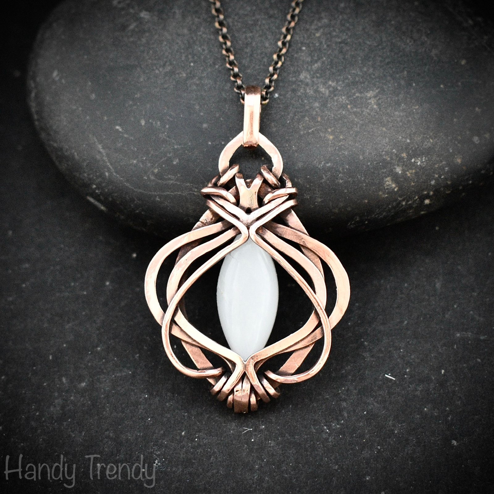 White moonstone pendant, Free-Flow copper wire wrapped necklace, Unique handmade gift, One of a kind artisan boho jewelry Copy