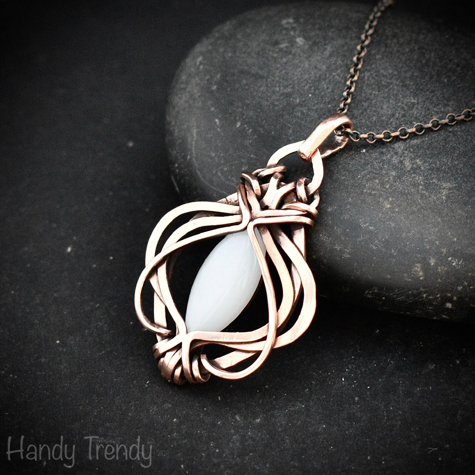 White moonstone pendant, Free-Flow copper wire wrapped necklace, Unique handmade gift, One of a kind artisan boho jewelry Copy