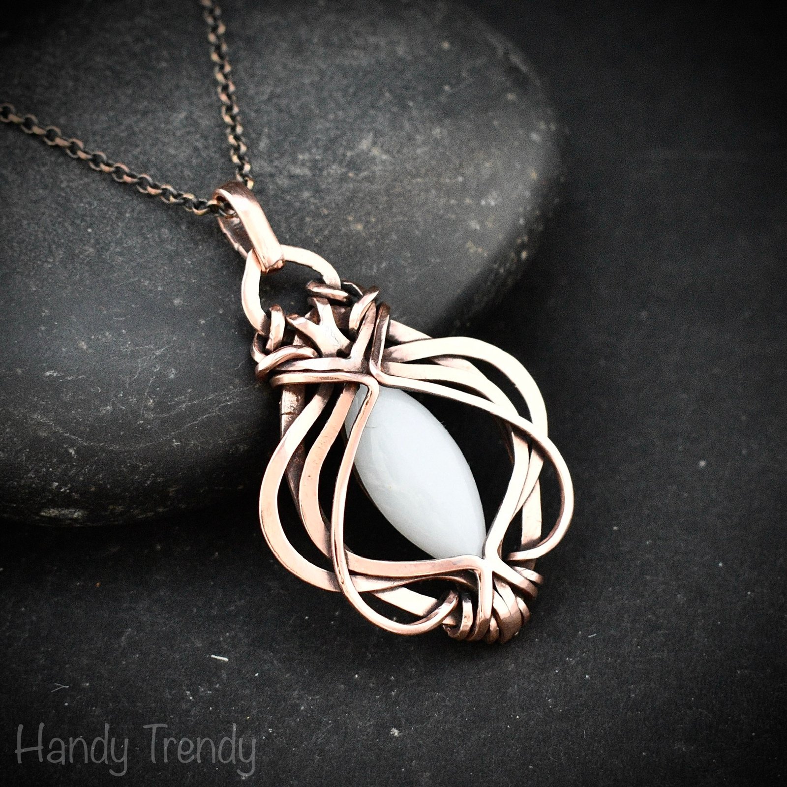 White moonstone pendant, Free-Flow copper wire wrapped necklace, Unique handmade gift, One of a kind artisan boho jewelry Copy