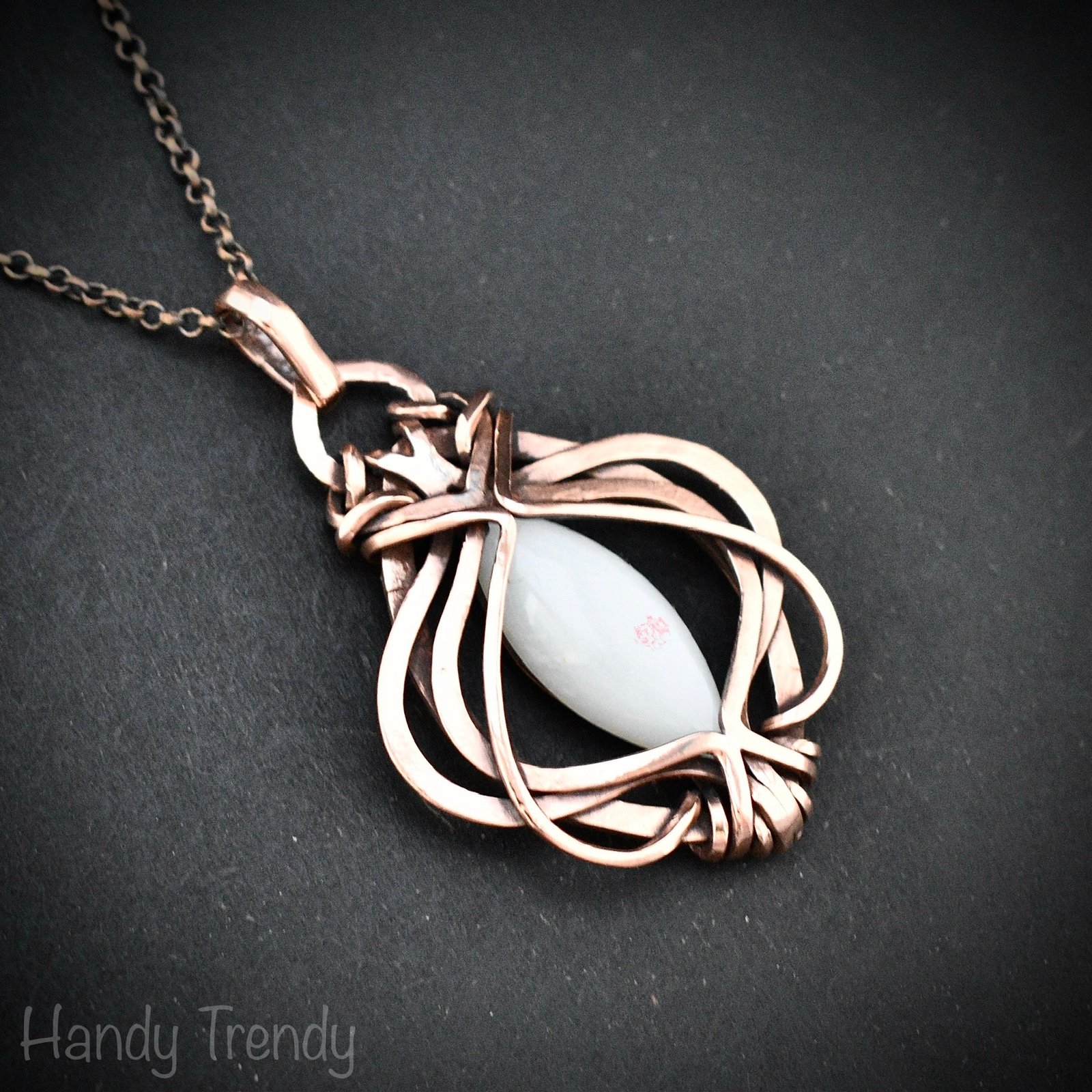White moonstone pendant, Free-Flow copper wire wrapped necklace, Unique handmade gift, One of a kind artisan boho jewelry Copy