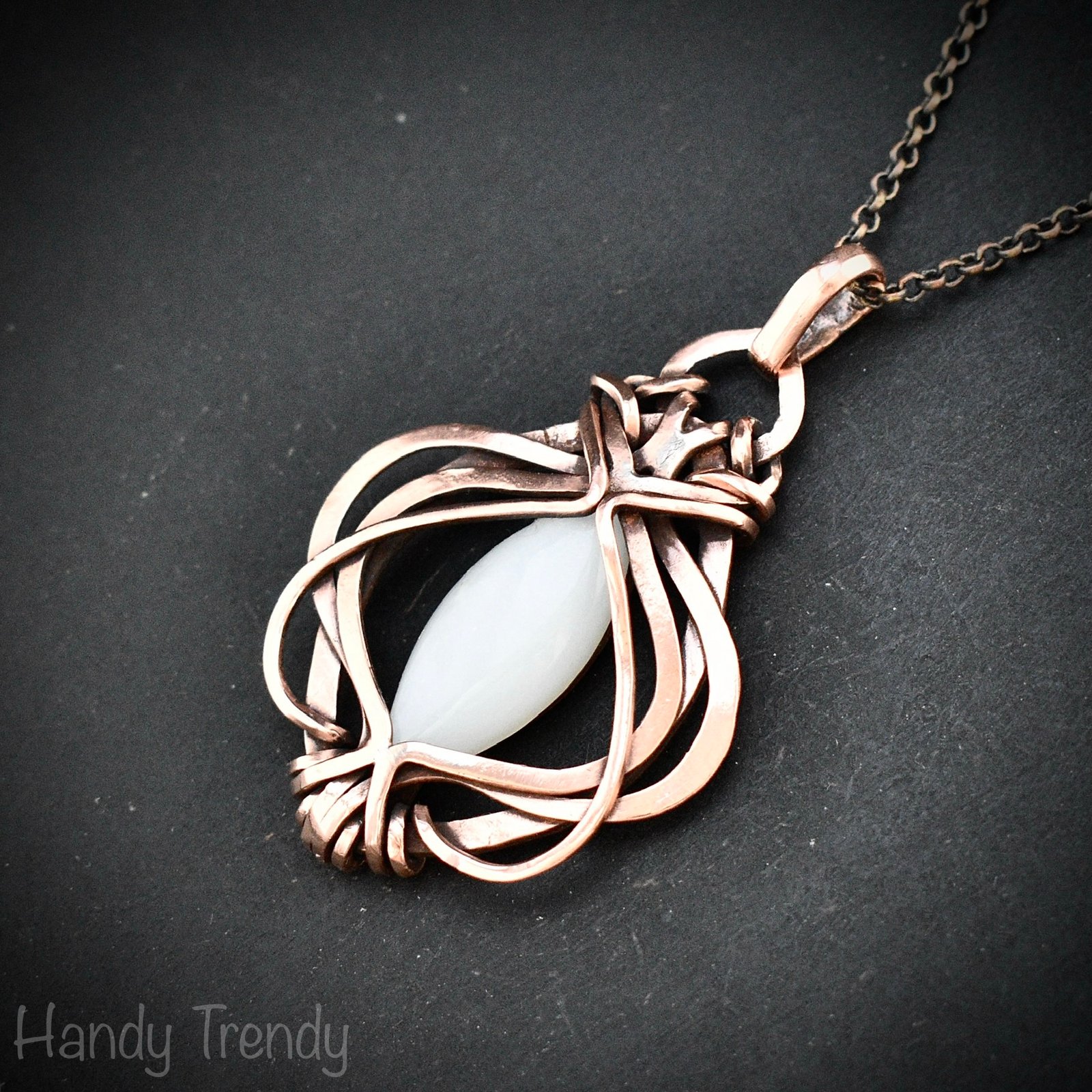 White moonstone pendant, Free-Flow copper wire wrapped necklace, Unique handmade gift, One of a kind artisan boho jewelry Copy