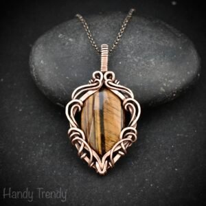 Yellow tiger eye pendant, Copper Wire wrapped free-flow necklace, Unique handmade gift, One of a kind artisan boho jewelry