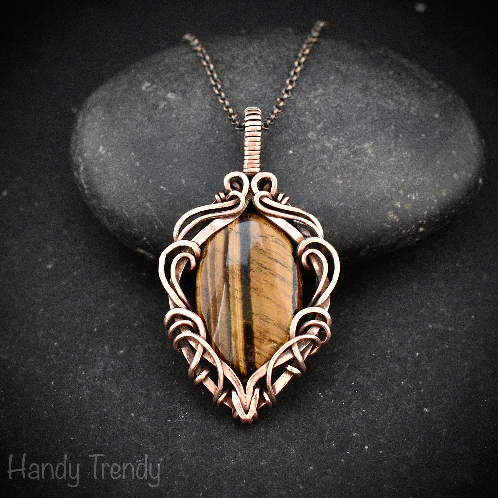 Yellow tiger eye pendant, Copper Wire wrapped free-flow necklace, Unique handmade gift, One of a kind artisan boho jewelry