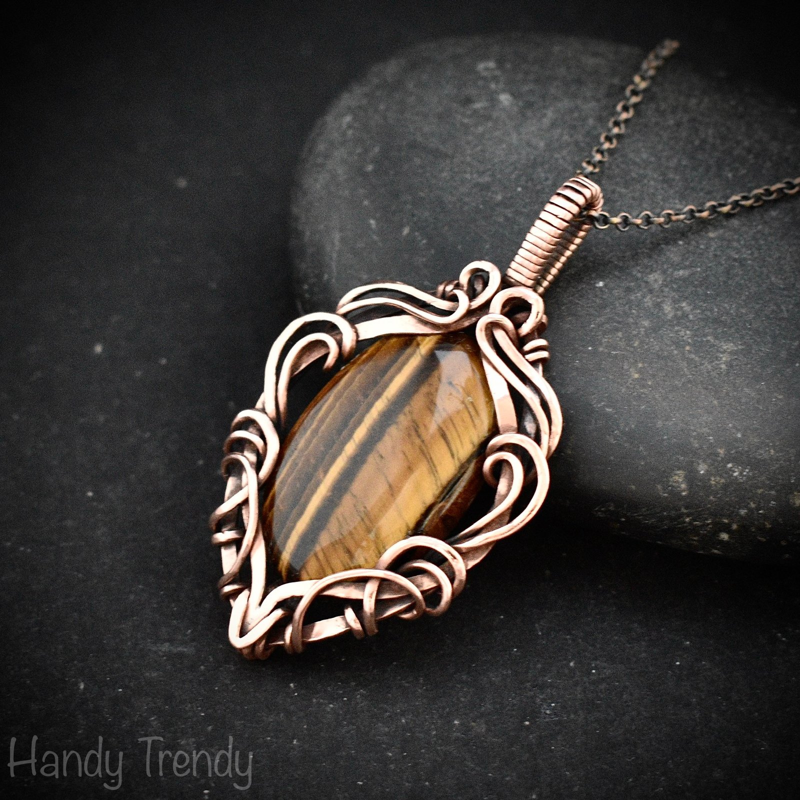 Yellow tiger eye pendant, Copper Wire wrapped free-flow necklace, Unique handmade gift, One of a kind artisan boho jewelry