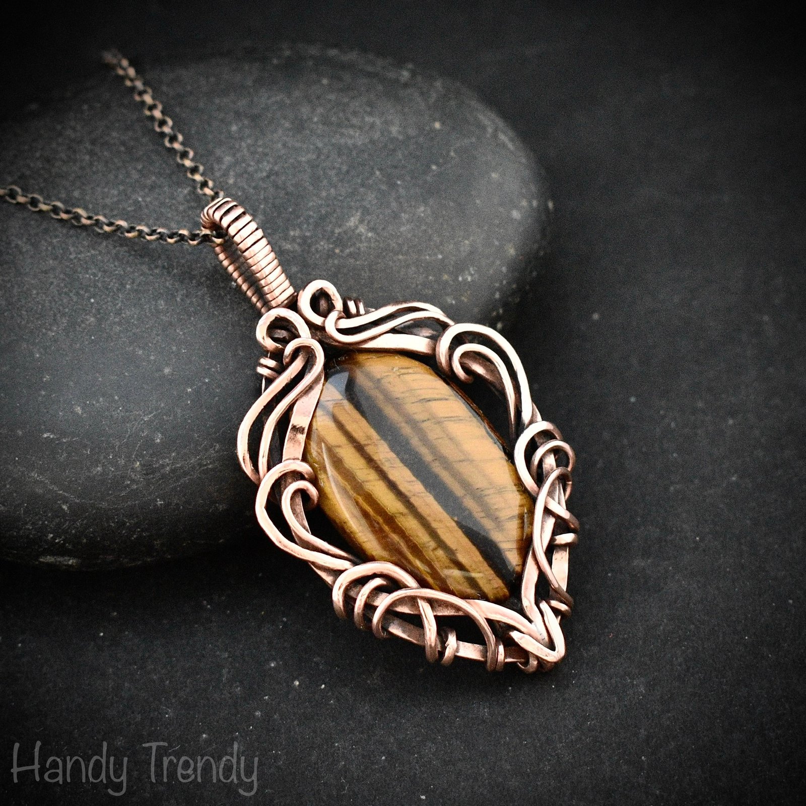 Yellow tiger eye pendant, Copper Wire wrapped free-flow necklace, Unique handmade gift, One of a kind artisan boho jewelry