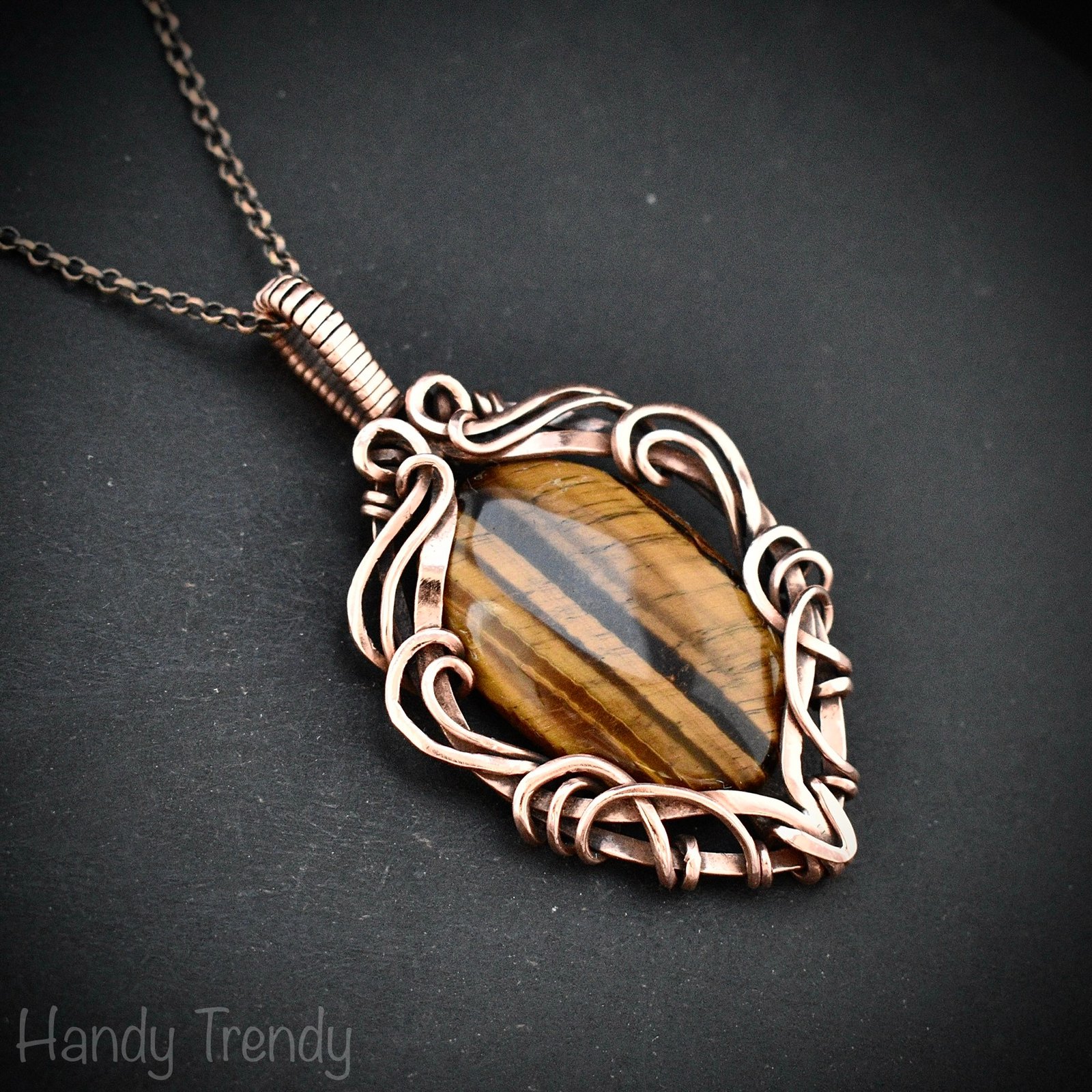 Yellow tiger eye pendant, Copper Wire wrapped free-flow necklace, Unique handmade gift, One of a kind artisan boho jewelry