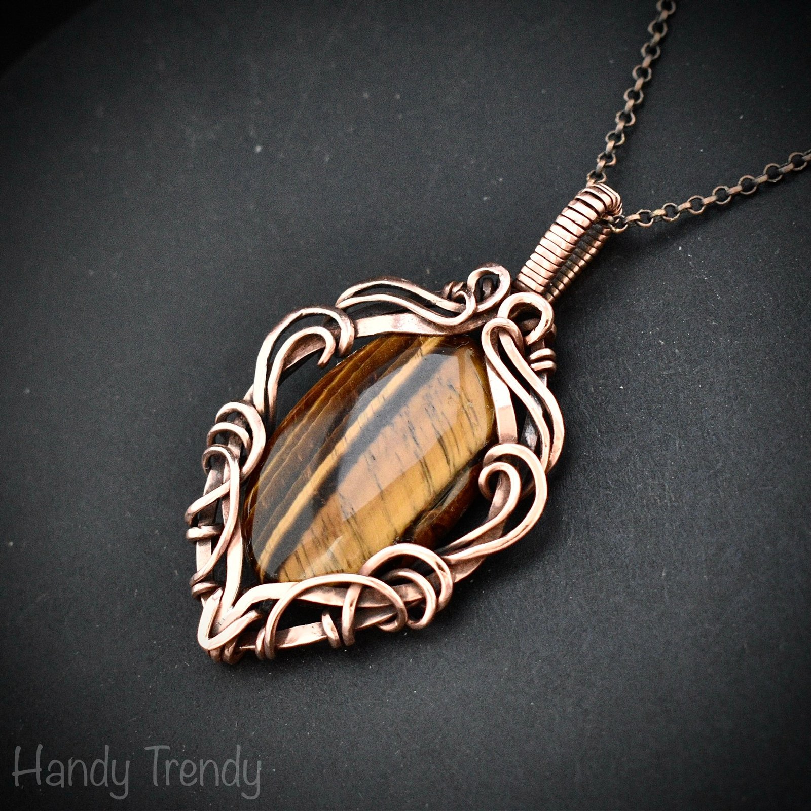 Yellow tiger eye pendant, Copper Wire wrapped free-flow necklace, Unique handmade gift, One of a kind artisan boho jewelry