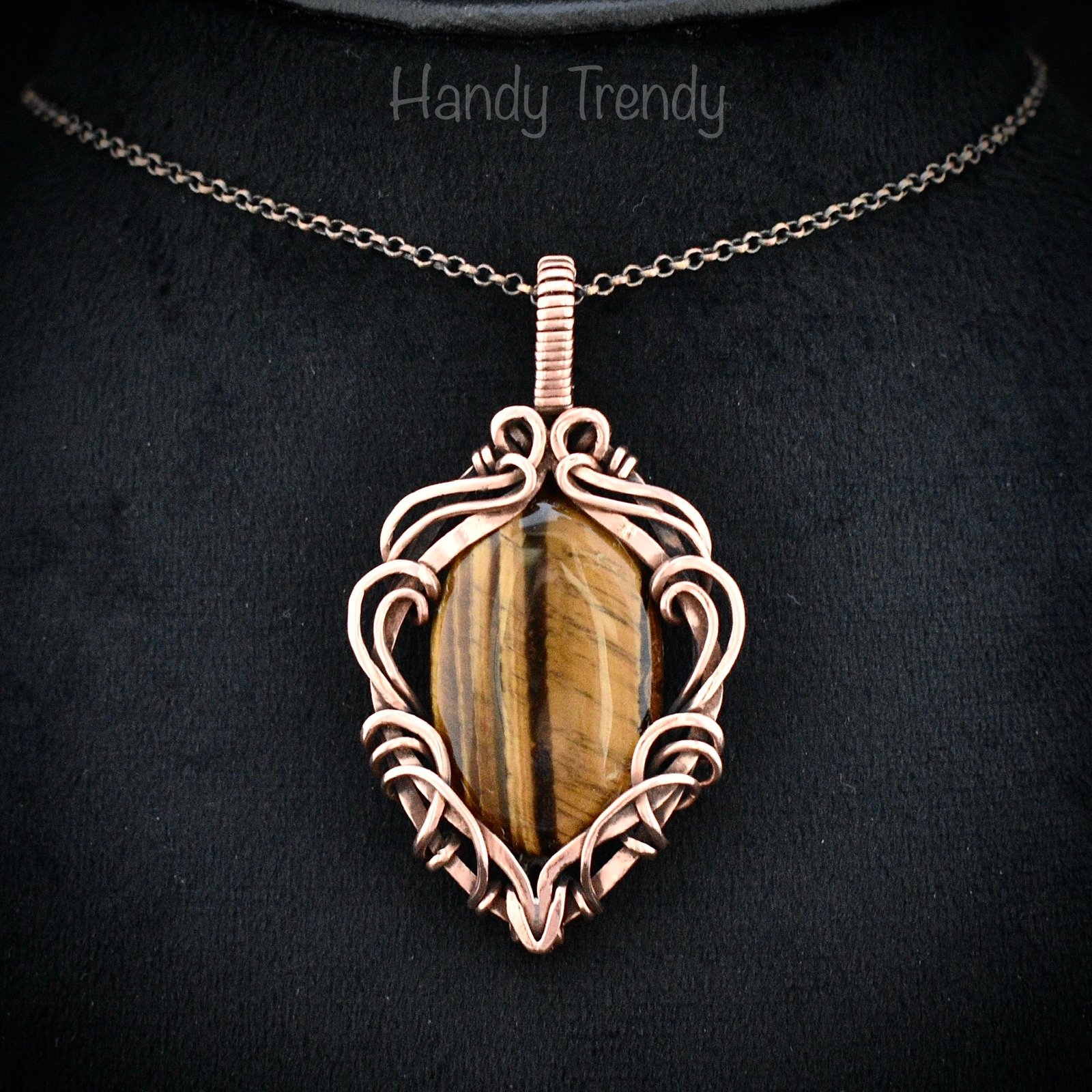 Yellow tiger eye pendant, Copper Wire wrapped free-flow necklace, Unique handmade gift, One of a kind artisan boho jewelry