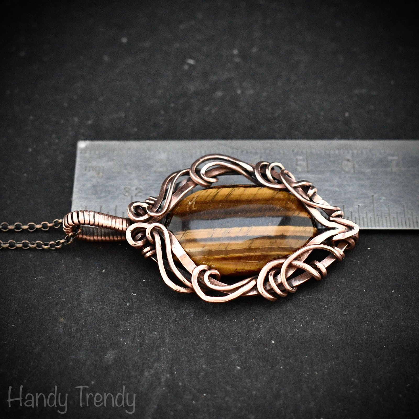 Yellow tiger eye pendant, Copper Wire wrapped free-flow necklace, Unique handmade gift, One of a kind artisan boho jewelry
