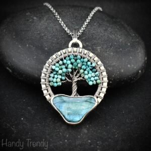 Arizona turquoise and blue labradorite tree of life pendant, 925 sterling silver necklace, Unique handmade gift, One of a kind jewelry