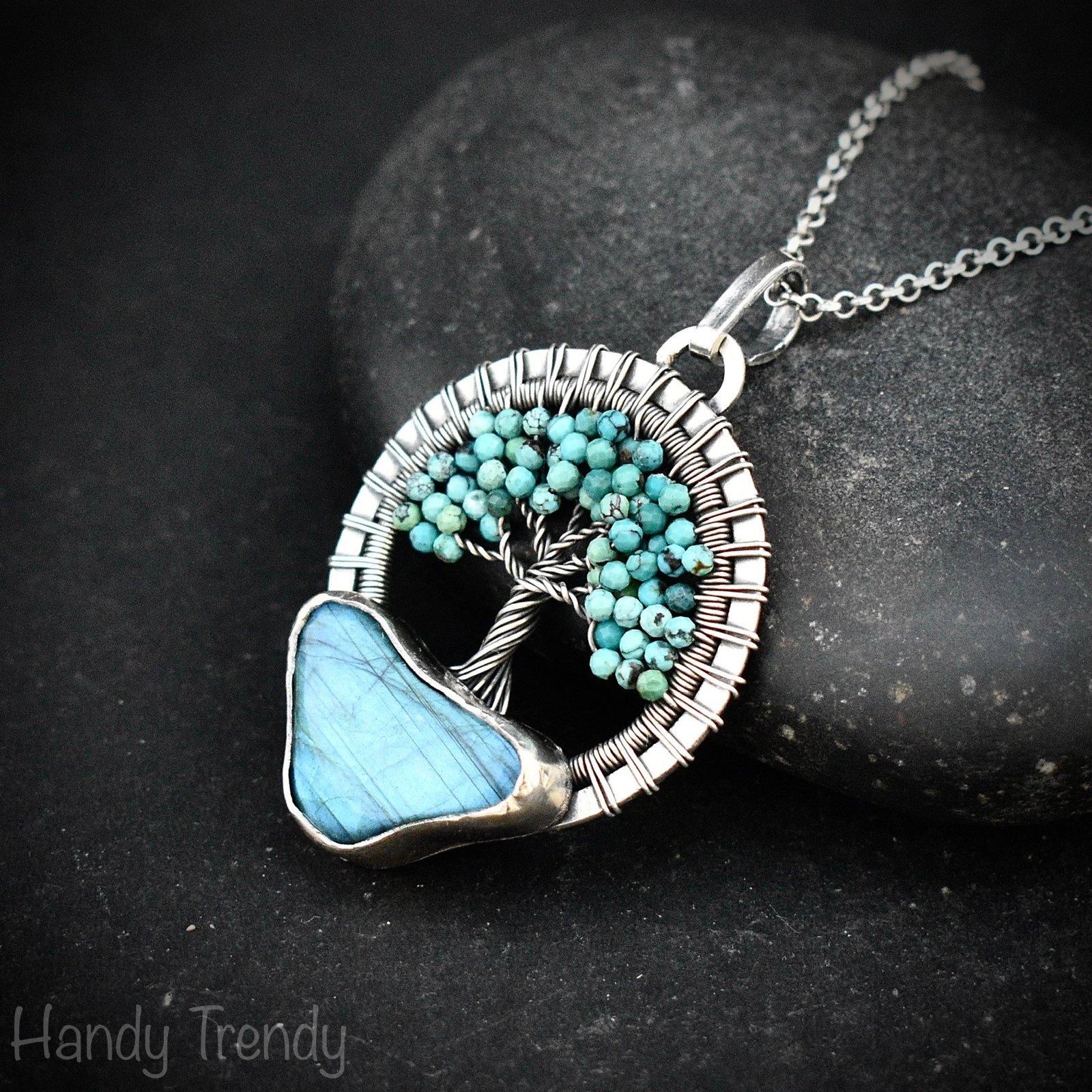 Arizona turquoise and blue labradorite tree of life pendant, 925 sterling silver necklace, Unique handmade gift, One of a kind jewelry