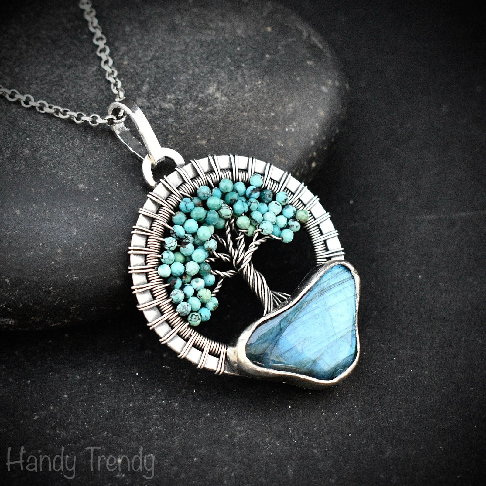 Arizona turquoise and blue labradorite tree of life pendant, 925 sterling silver necklace, Unique handmade gift, One of a kind jewelry