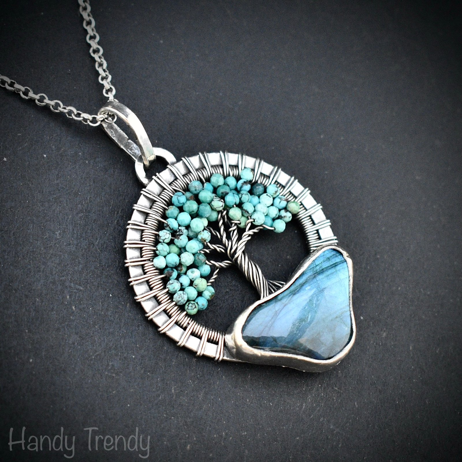 Arizona turquoise and blue labradorite tree of life pendant, 925 sterling silver necklace, Unique handmade gift, One of a kind jewelry