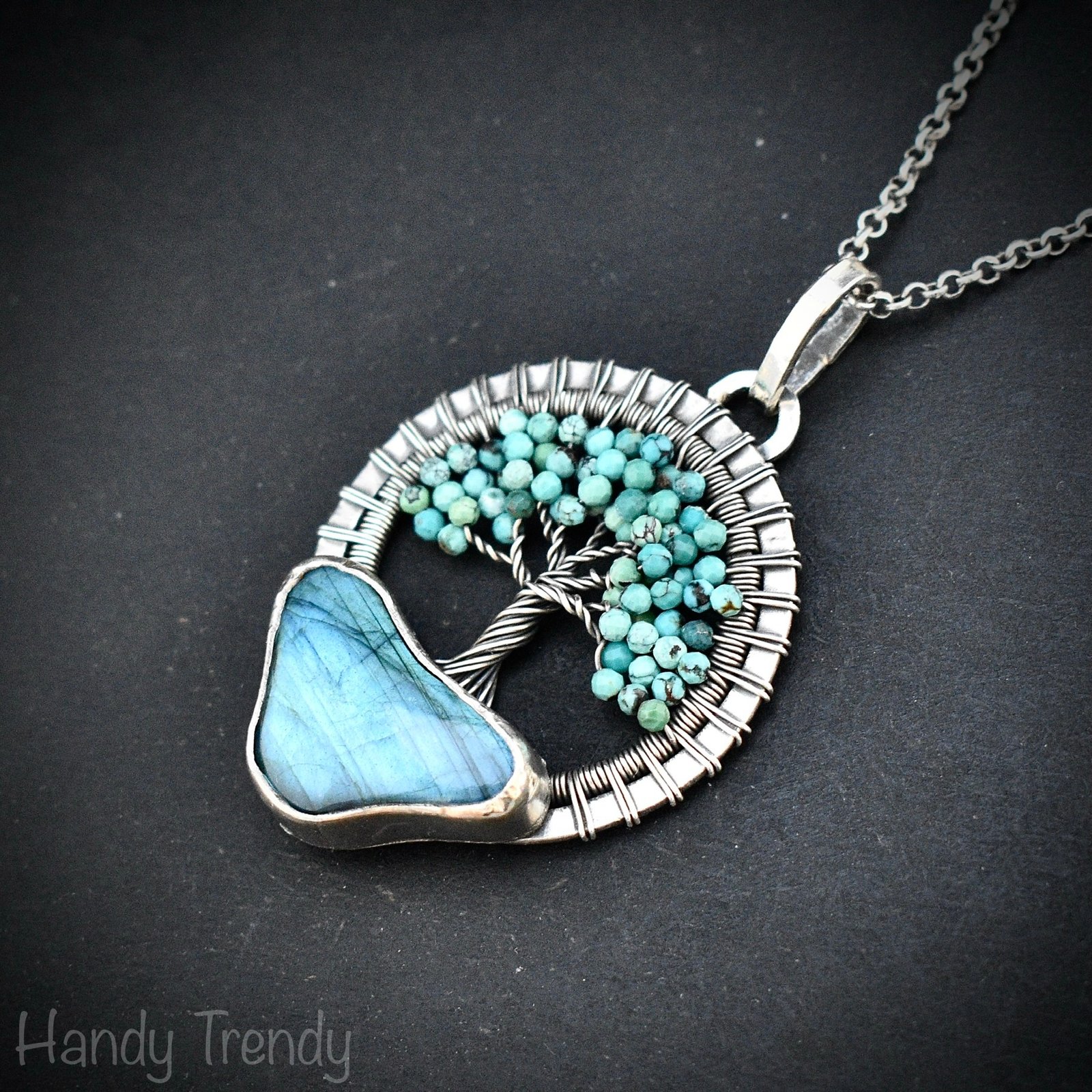 Arizona turquoise and blue labradorite tree of life pendant, 925 sterling silver necklace, Unique handmade gift, One of a kind jewelry