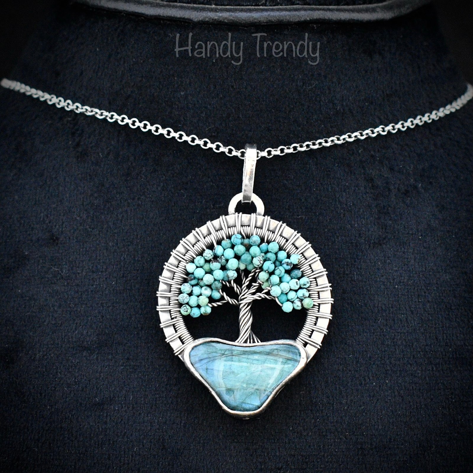 Arizona turquoise and blue labradorite tree of life pendant, 925 sterling silver necklace, Unique handmade gift, One of a kind jewelry