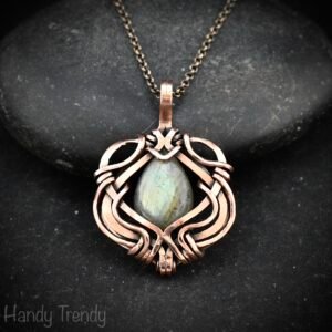Green labradorite pendant, Free flow copper Wire wrapped necklace, Unique handmade birthday gift, One of a kind jewelry, Celtic necklace