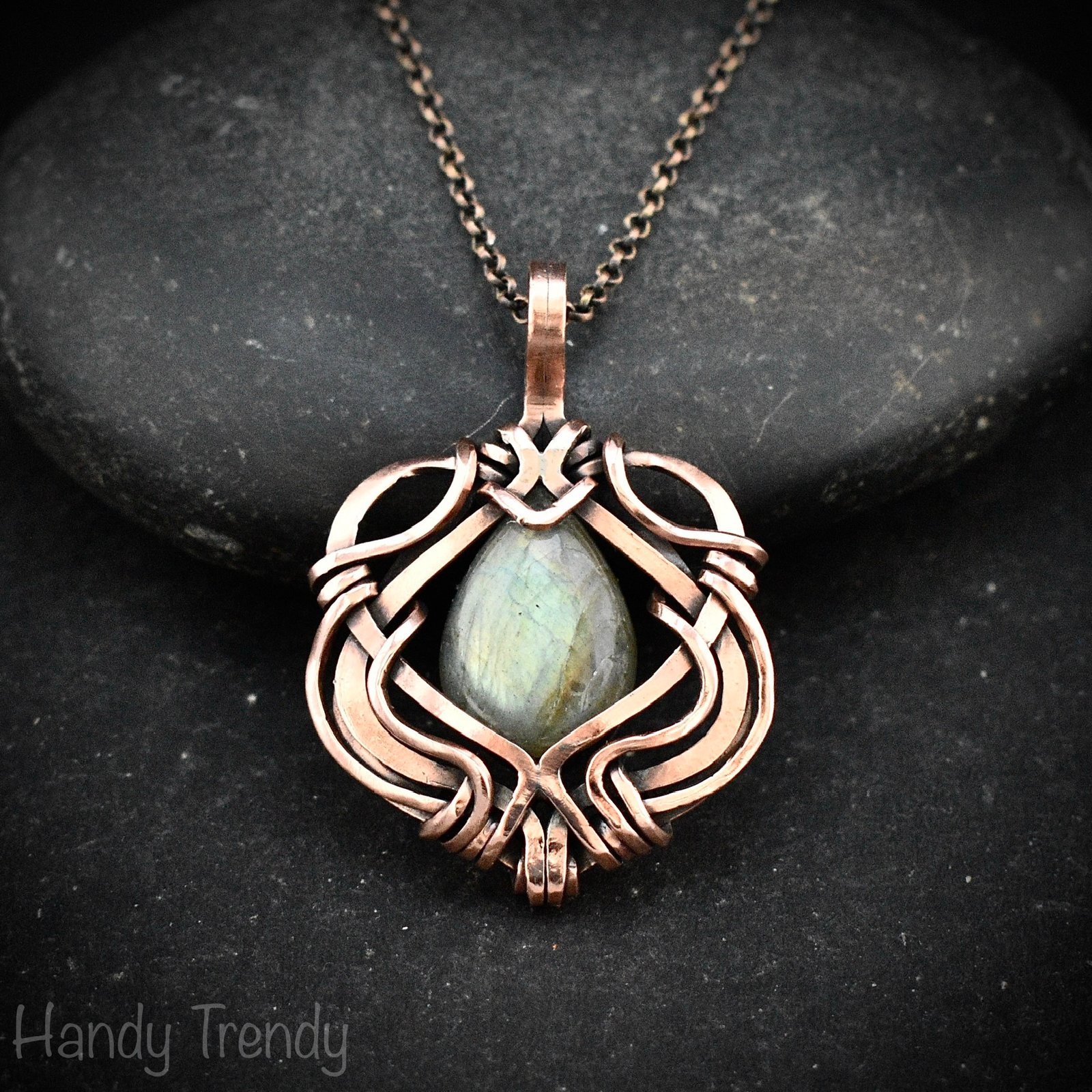 Green labradorite pendant, Free flow copper Wire wrapped necklace, Unique handmade birthday gift, One of a kind jewelry, Celtic necklace