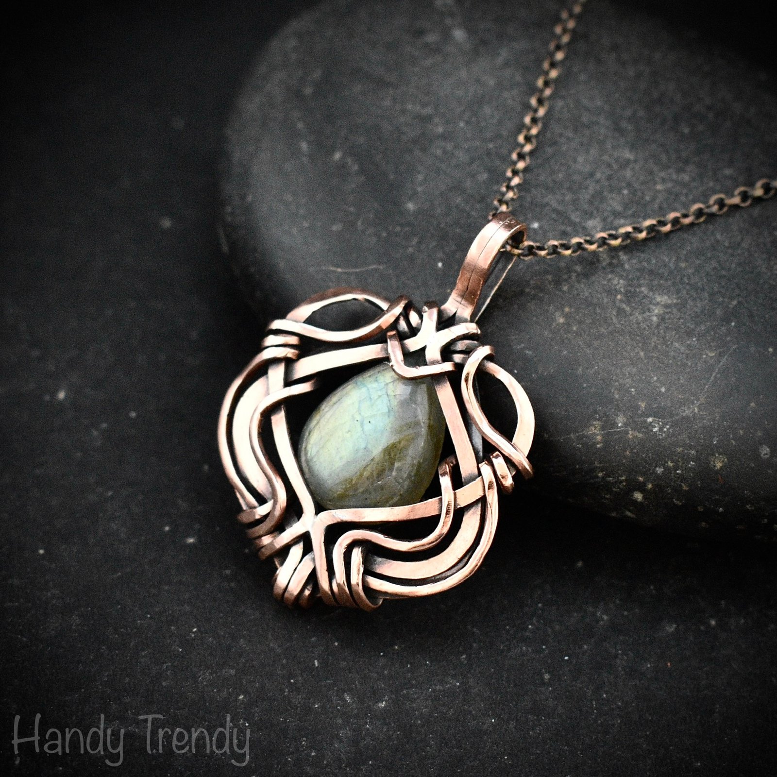 Green labradorite pendant, Free flow copper Wire wrapped necklace, Unique handmade birthday gift, One of a kind jewelry, Celtic necklace