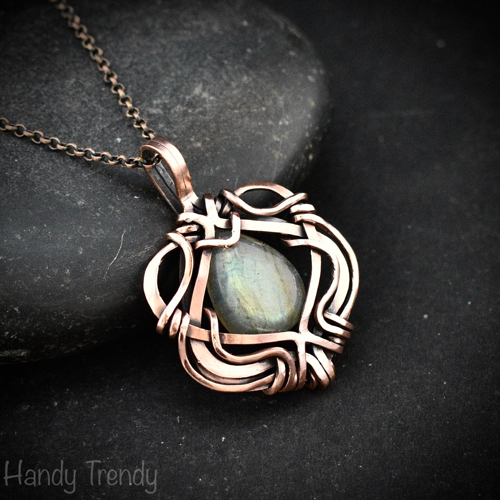 Green labradorite pendant, Free flow copper Wire wrapped necklace, Unique handmade birthday gift, One of a kind jewelry, Celtic necklace