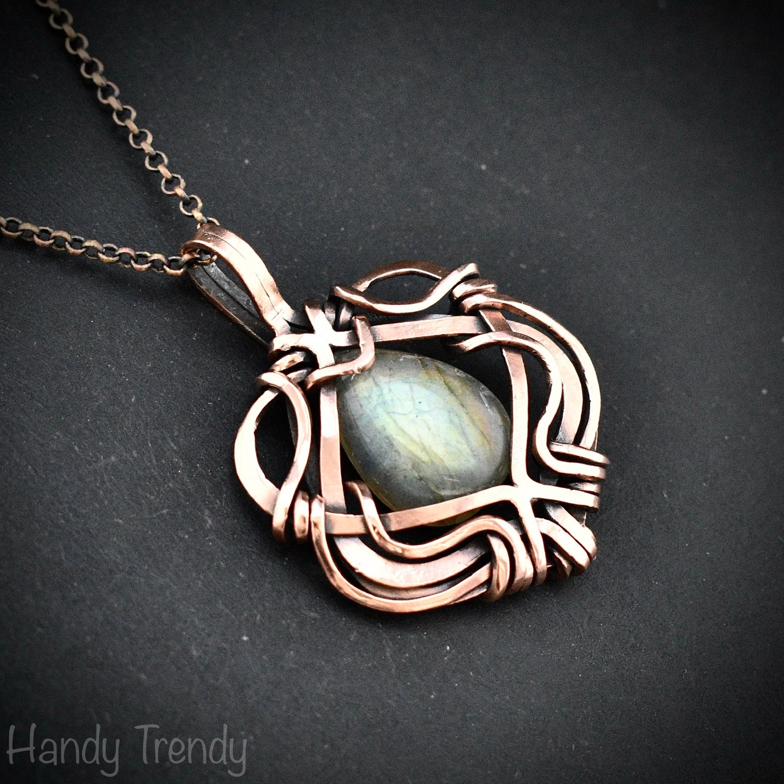 Green labradorite pendant, Free flow copper Wire wrapped necklace, Unique handmade birthday gift, One of a kind jewelry, Celtic necklace