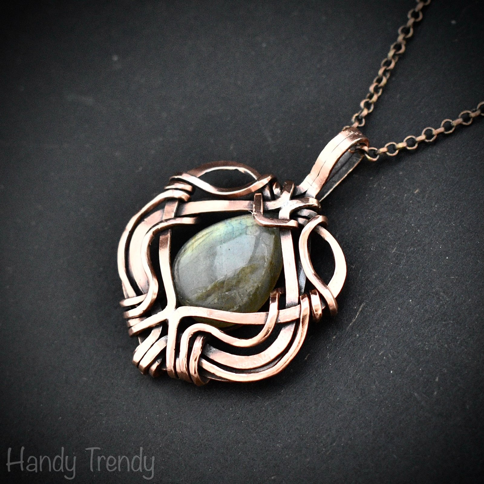 Green labradorite pendant, Free flow copper Wire wrapped necklace, Unique handmade birthday gift, One of a kind jewelry, Celtic necklace