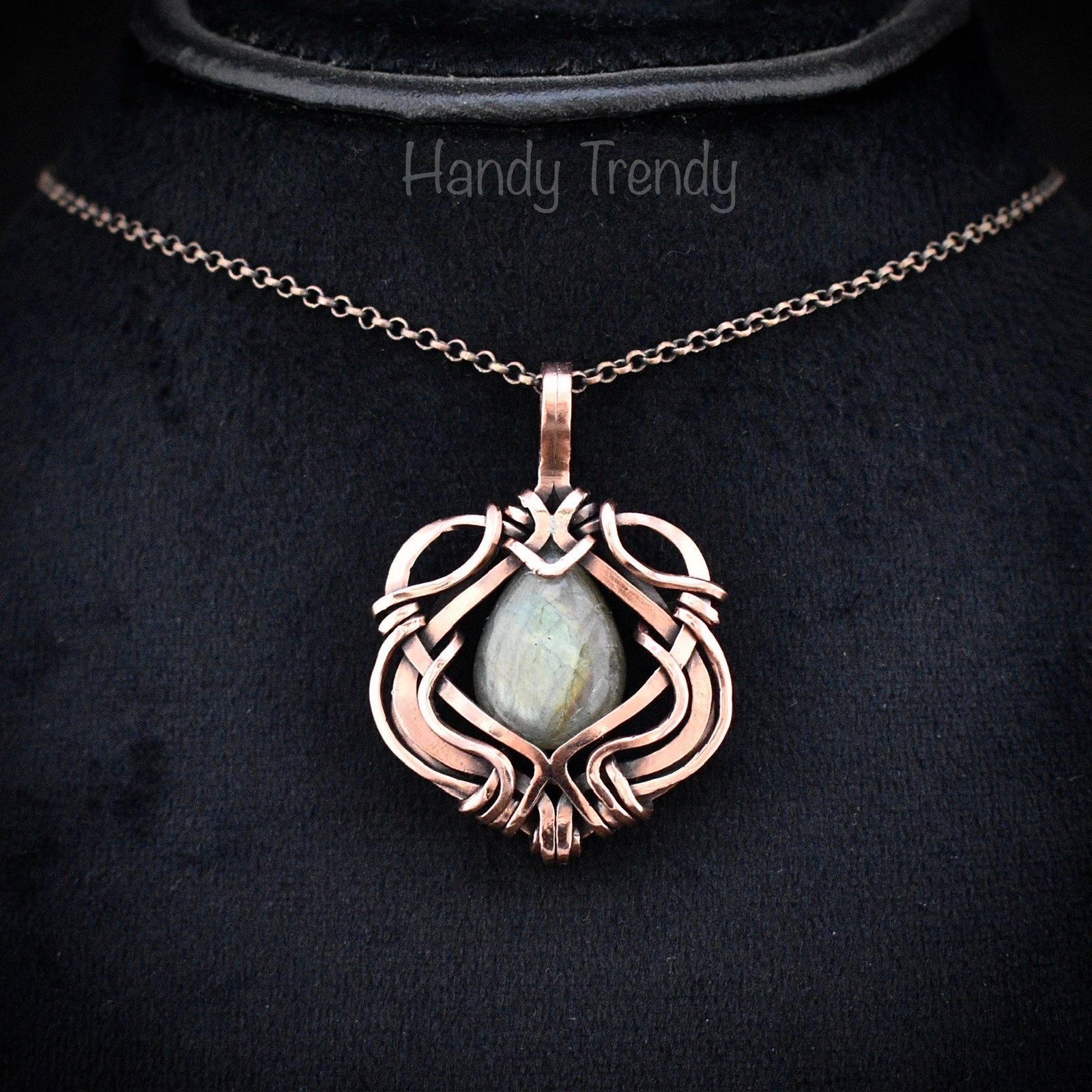 Green labradorite pendant, Free flow copper Wire wrapped necklace, Unique handmade birthday gift, One of a kind jewelry, Celtic necklace