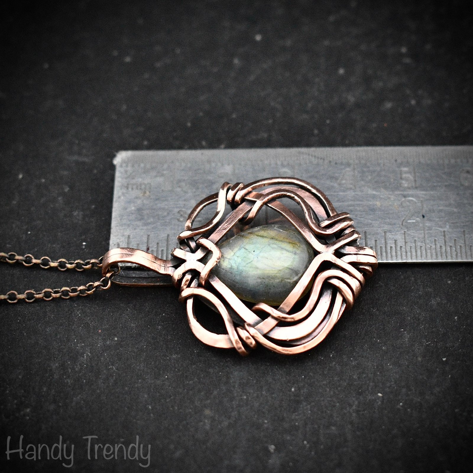 Green labradorite pendant, Free flow copper Wire wrapped necklace, Unique handmade birthday gift, One of a kind jewelry, Celtic necklace