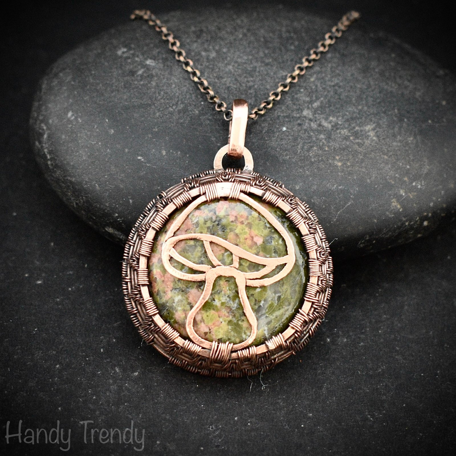 Unakite mushroom pendant, Endless copper wire wrapped necklace, Unique handmade Birthday Gift, Artisan jewelry, One of a kind pendant