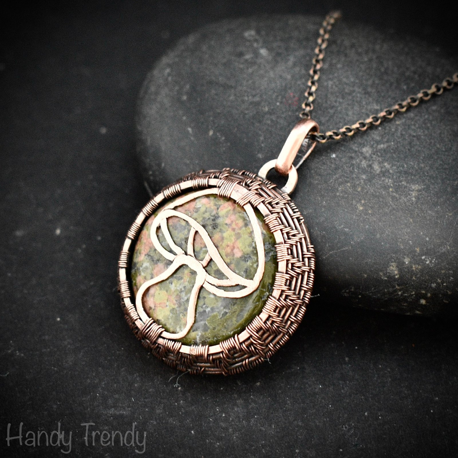 Unakite mushroom pendant, Endless copper wire wrapped necklace, Unique handmade Birthday Gift, Artisan jewelry, One of a kind pendant