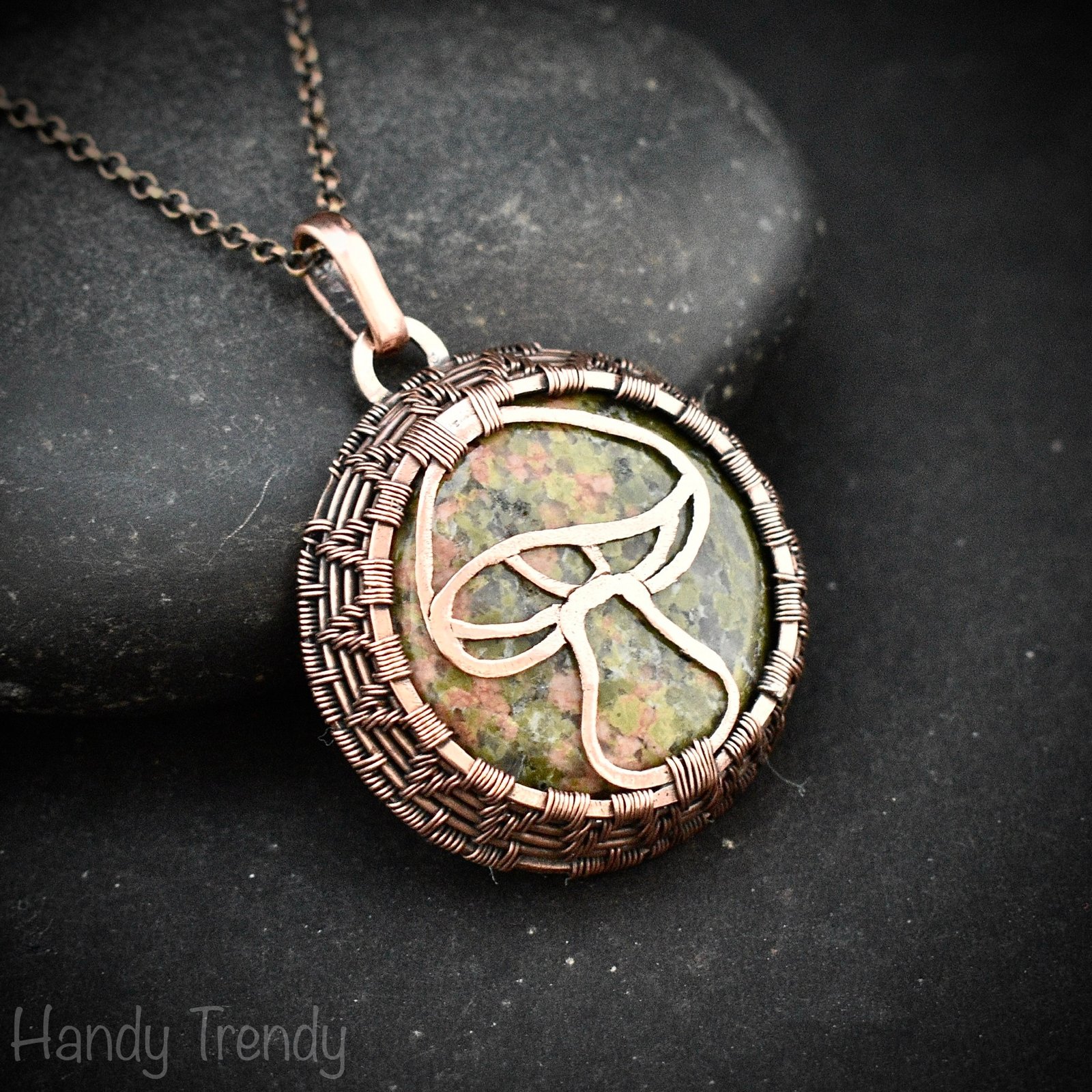 Unakite mushroom pendant, Endless copper wire wrapped necklace, Unique handmade Birthday Gift, Artisan jewelry, One of a kind pendant