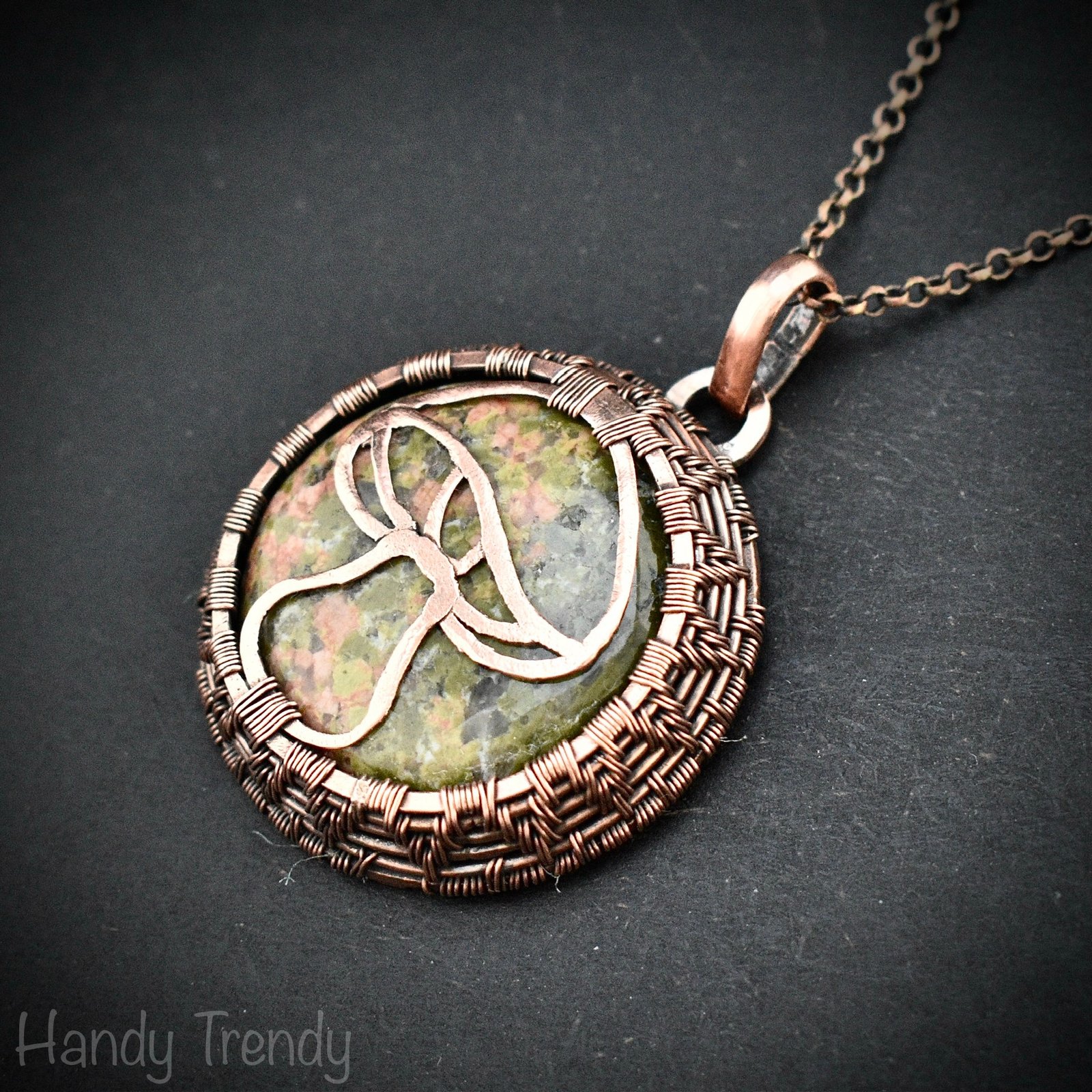 Unakite mushroom pendant, Endless copper wire wrapped necklace, Unique handmade Birthday Gift, Artisan jewelry, One of a kind pendant