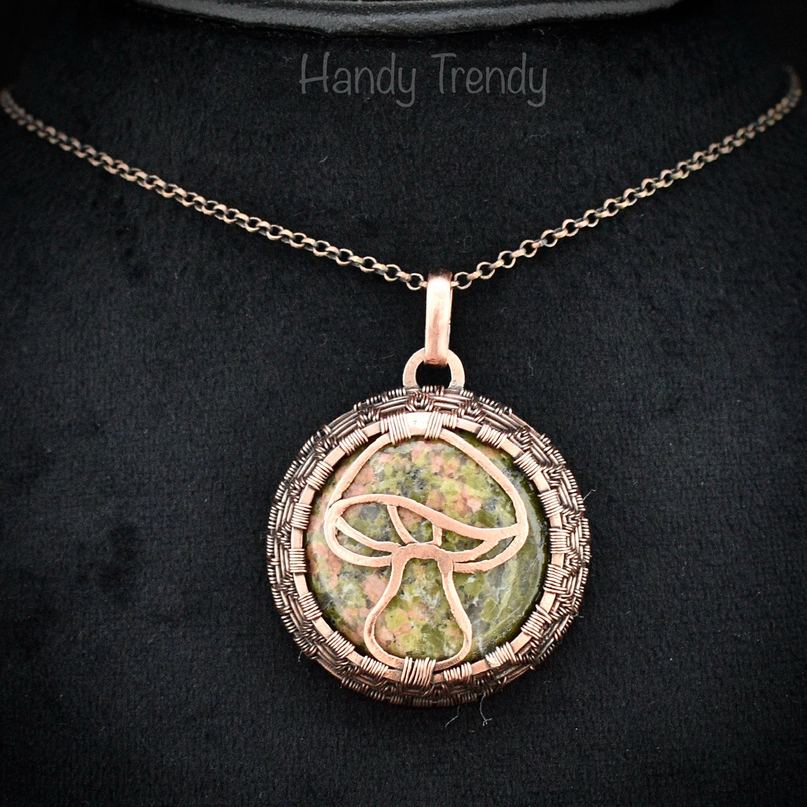 Unakite mushroom pendant, Endless copper wire wrapped necklace, Unique handmade Birthday Gift, Artisan jewelry, One of a kind pendant