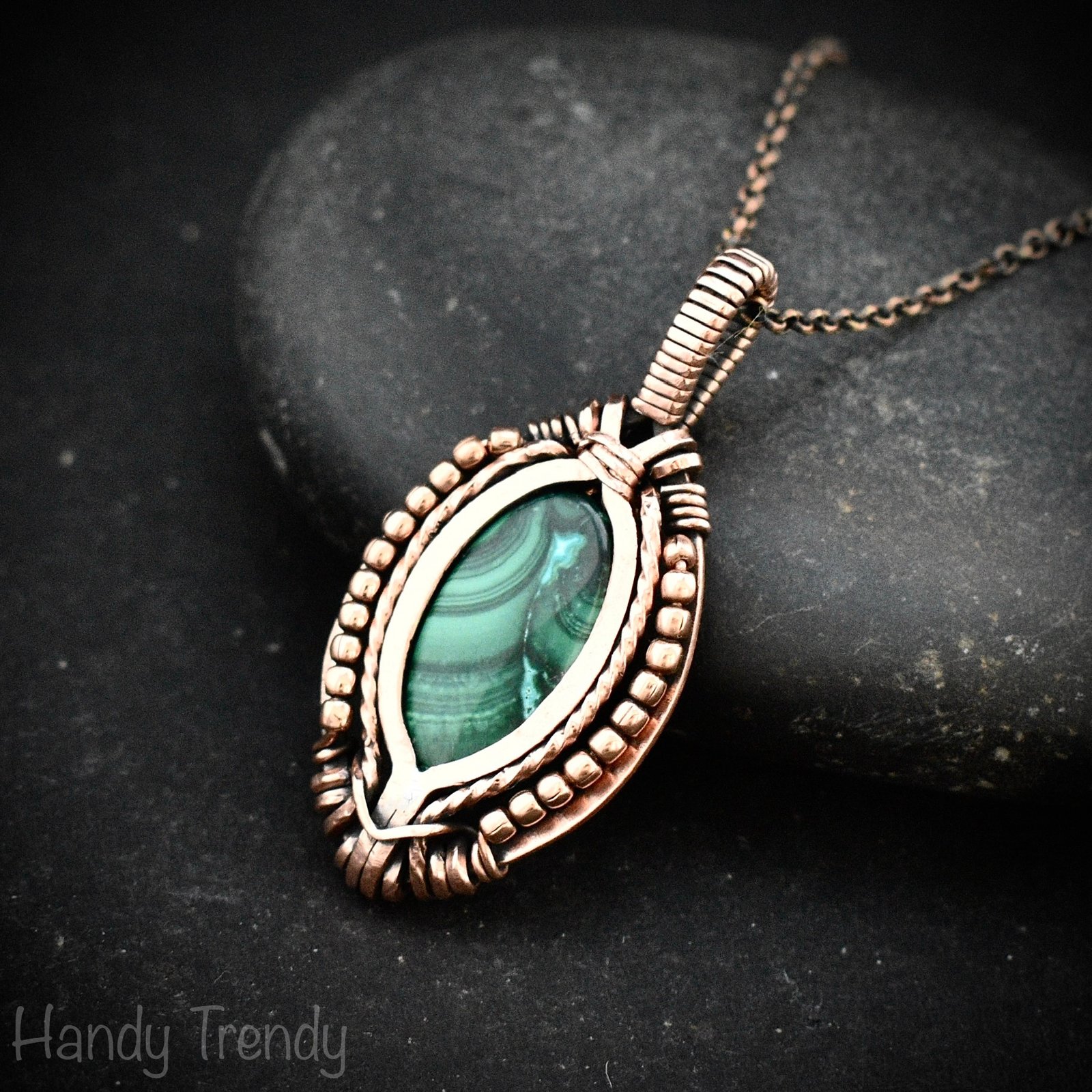 Malachite pendant, Free flow copper wire wrapped necklace, Unique handmade gift, One of a kind jewelry, Artisan boho jewelry