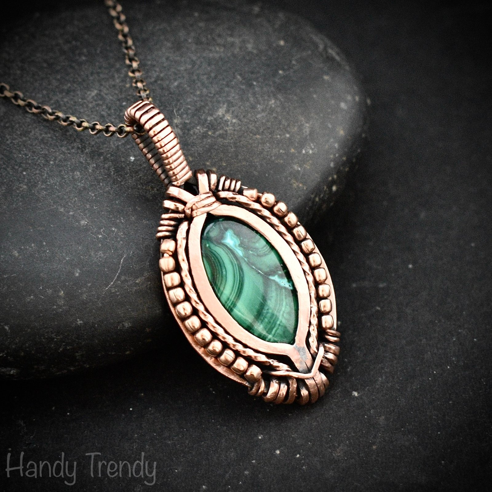 Malachite pendant, Free flow copper wire wrapped necklace, Unique handmade gift, One of a kind jewelry, Artisan boho jewelry
