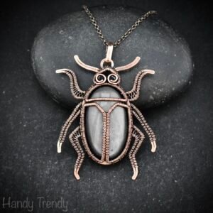 Beetle insect pendant, Silver obsidian and Copper wire wrapped animal necklace, Unique handmade Gift, One of a kind Artisan jewelry