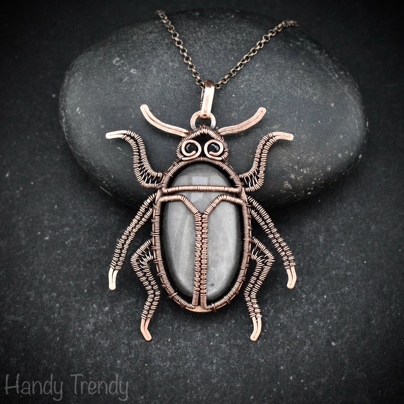 Beetle insect pendant, Silver obsidian and Copper wire wrapped animal necklace, Unique handmade Gift, One of a kind Artisan jewelry