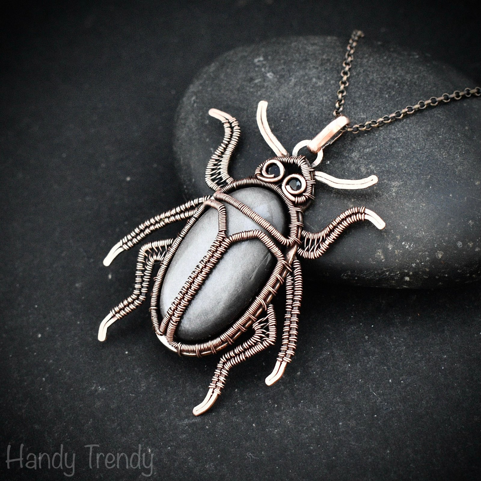 Beetle insect pendant, Silver obsidian and Copper wire wrapped animal necklace, Unique handmade Gift, One of a kind Artisan jewelry