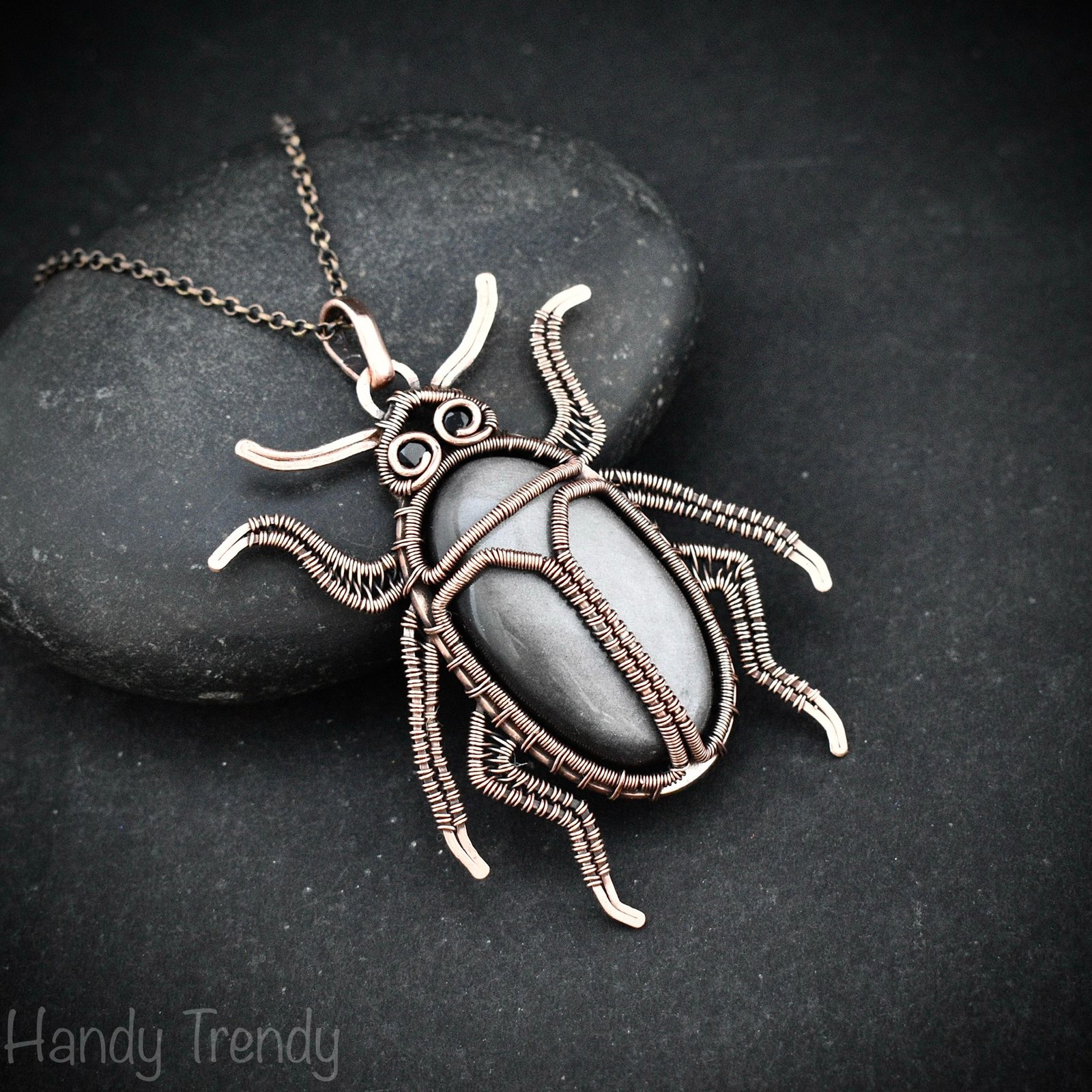 Beetle insect pendant, Silver obsidian and Copper wire wrapped animal necklace, Unique handmade Gift, One of a kind Artisan jewelry