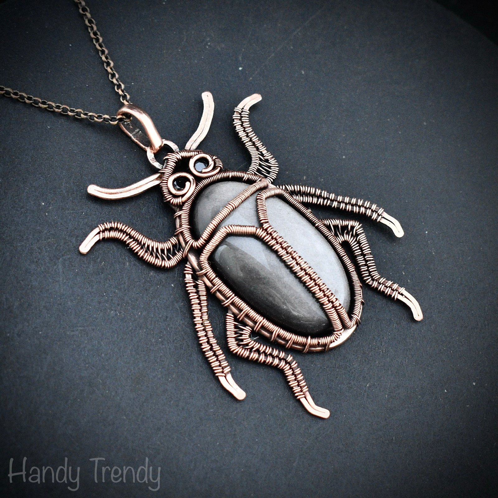 Beetle insect pendant, Silver obsidian and Copper wire wrapped animal necklace, Unique handmade Gift, One of a kind Artisan jewelry