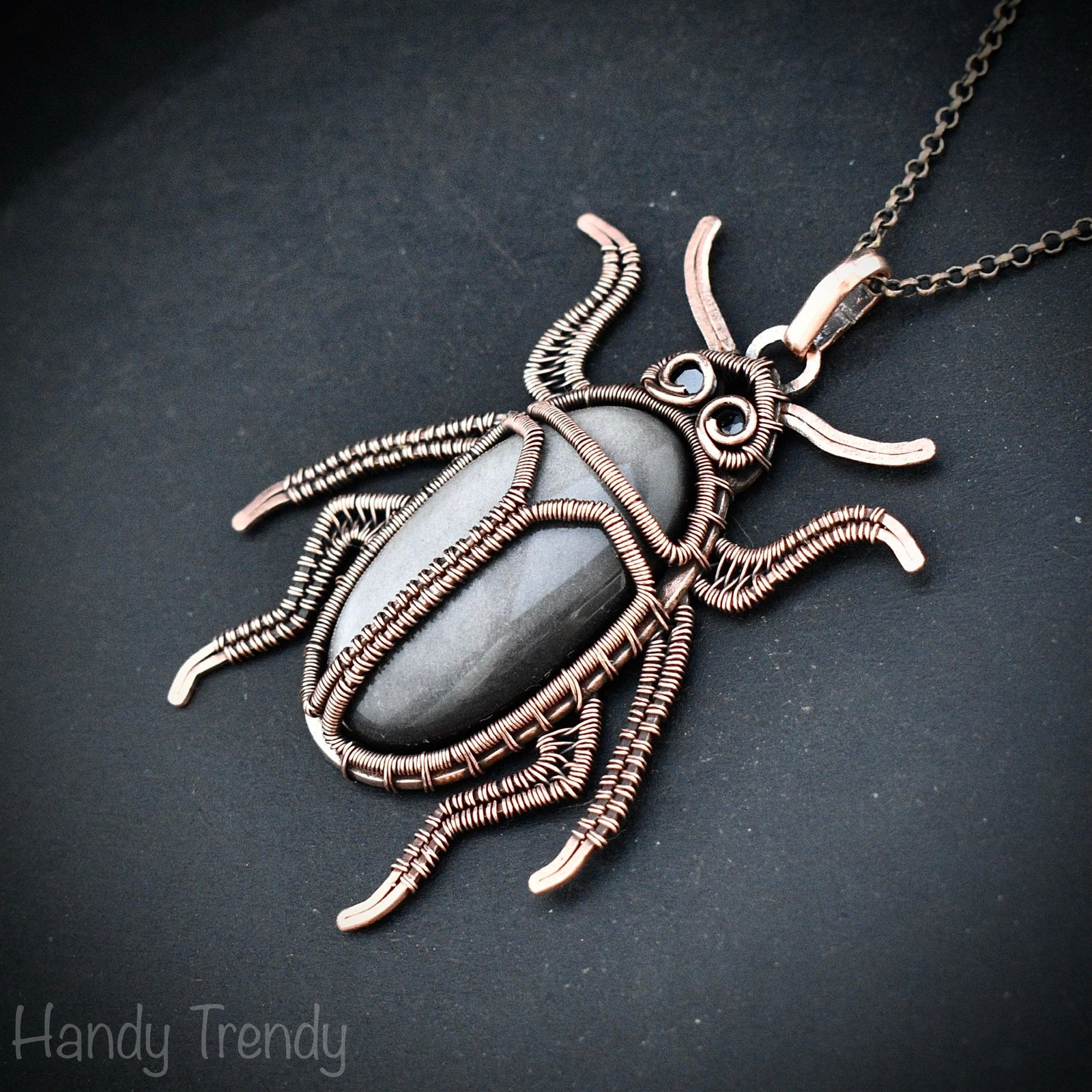 Beetle insect pendant, Silver obsidian and Copper wire wrapped animal necklace, Unique handmade Gift, One of a kind Artisan jewelry